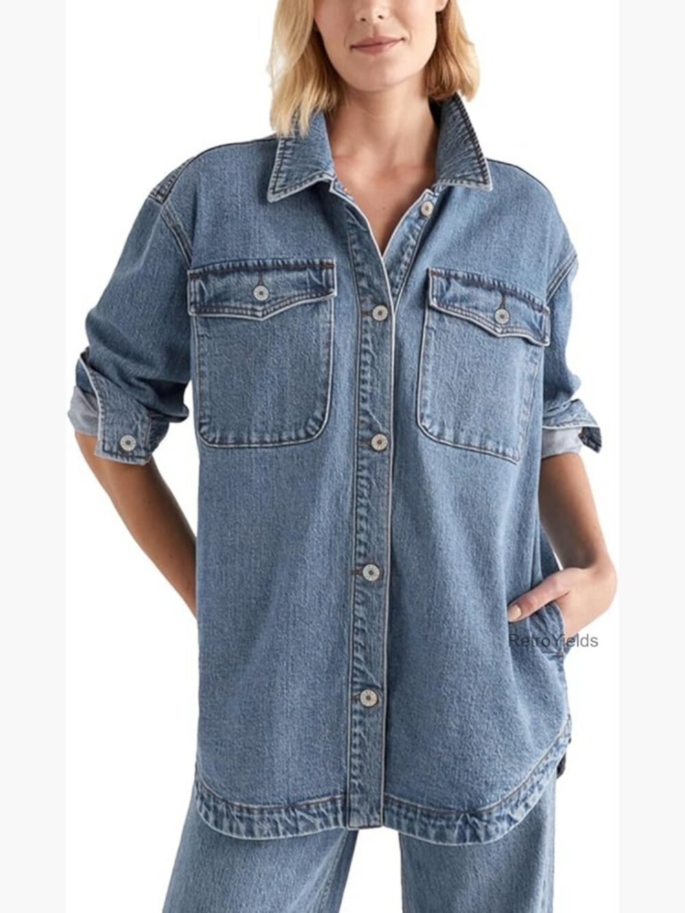 Oversized Denim Jacket Casual Button Down Shacket Coat Long Sleeve